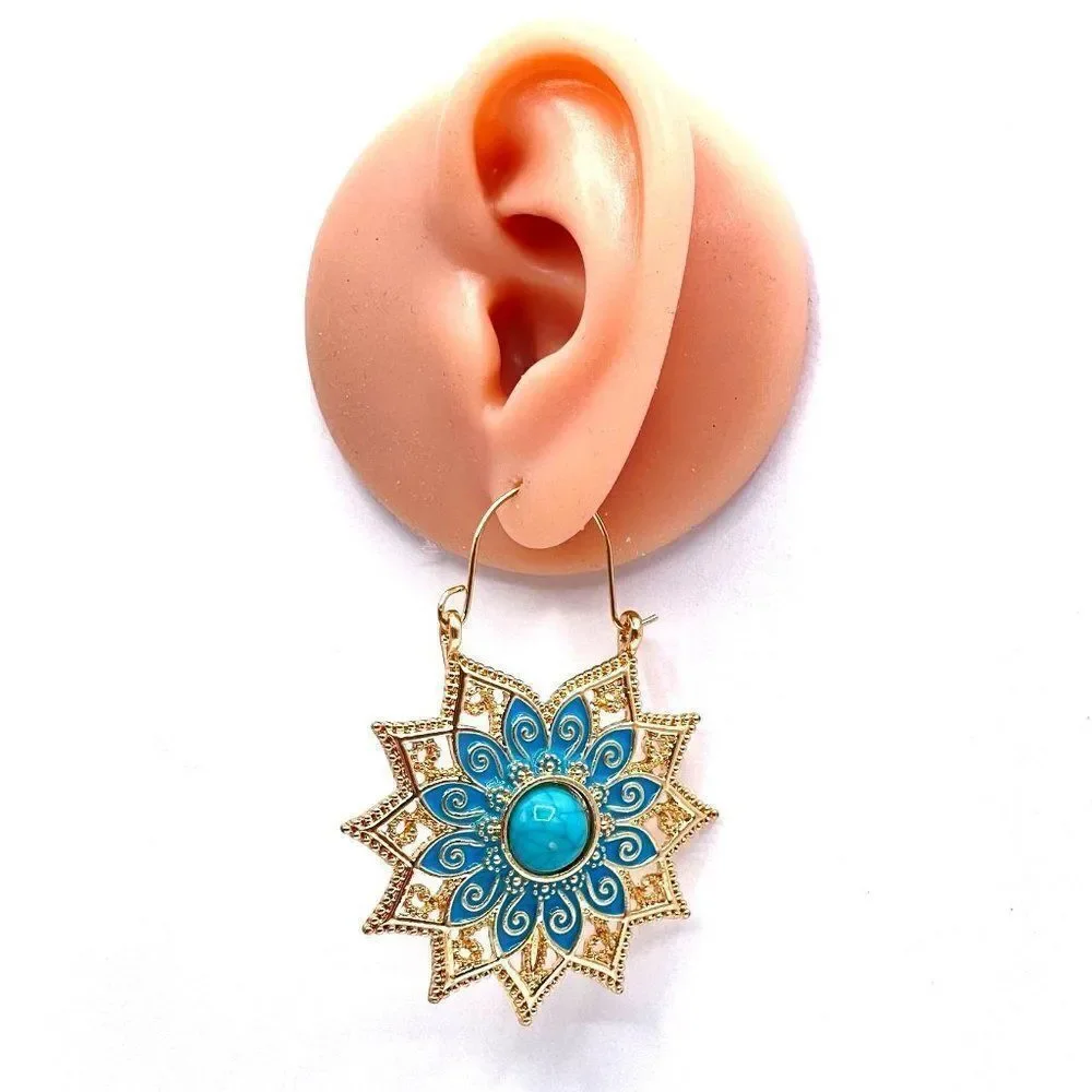 Yellow Gold with Turquoise and Blue Oil Drip Flower Drop Hinge Hook Earrings